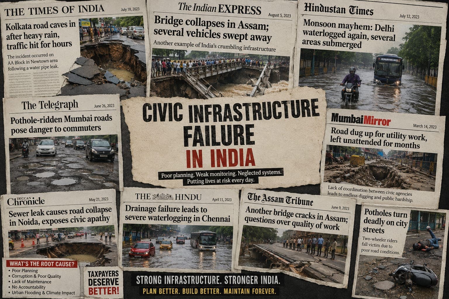 Civic infrastructure failure newspaper collage
