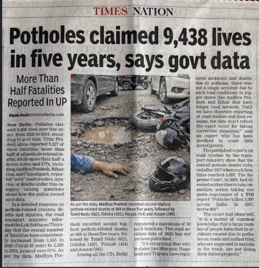 Potholes claimed 9,438 lives